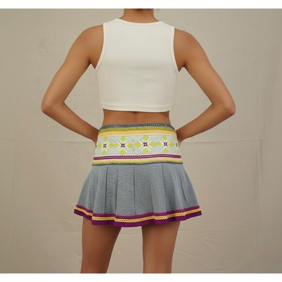 Y2K RARE Free People Boho Pleated Embroidered A-Line Mini Skirt • Skater Indie 6 - Picture 10 of 16